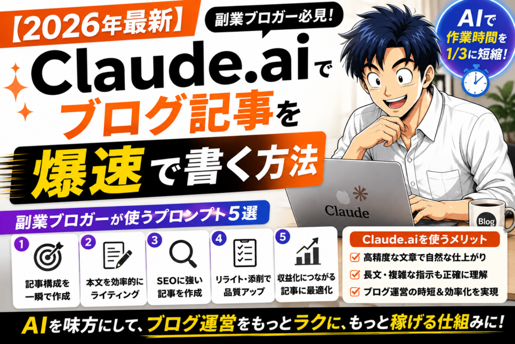 【2026年最新】Claude.aiでブログ記事を爆速で書く方法｜副業ブロガーが使うプロンプト5選と活用メリット