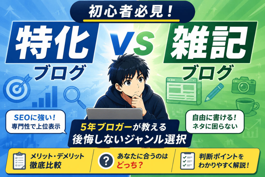 【初心者必見】特化ブログvs雑記ブログの決め方｜5年ブロガーが教える後悔しないジャンル選択