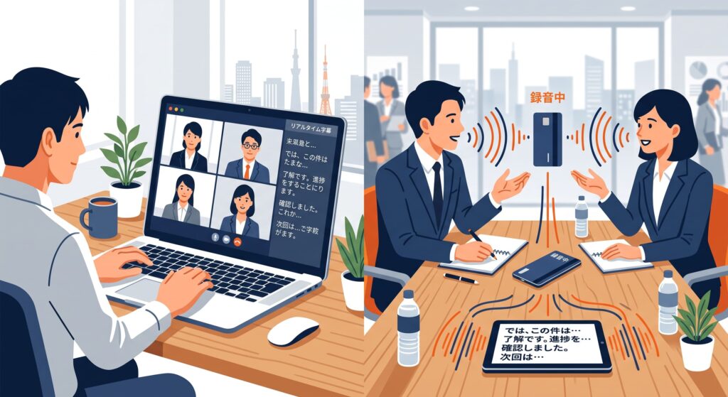 Web会議を文字起こしするアプリと、対面の会話を録音するAIボイスレコーダーの違いのイメージ