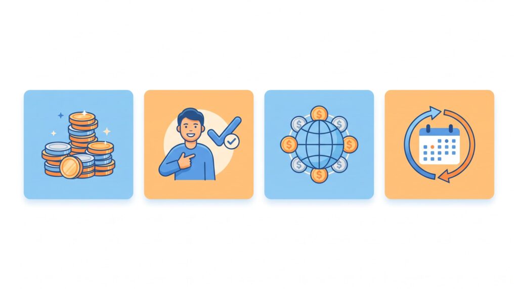 高単価アフィリエイトの4つの報酬タイプを表すカードのイラスト