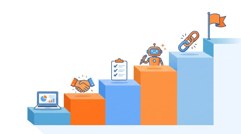 高単価アフィリエイト副業の5ステップのロードマップを表す階段のイラスト