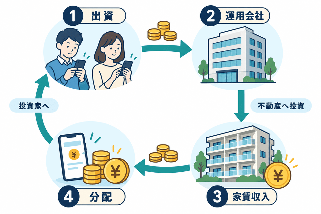 不動産クラウドファンディングのお金の流れ（出資→運用→分配）