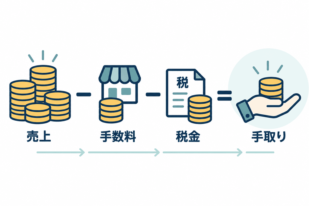 売上から手数料と税金を引いた手取りのイメージ